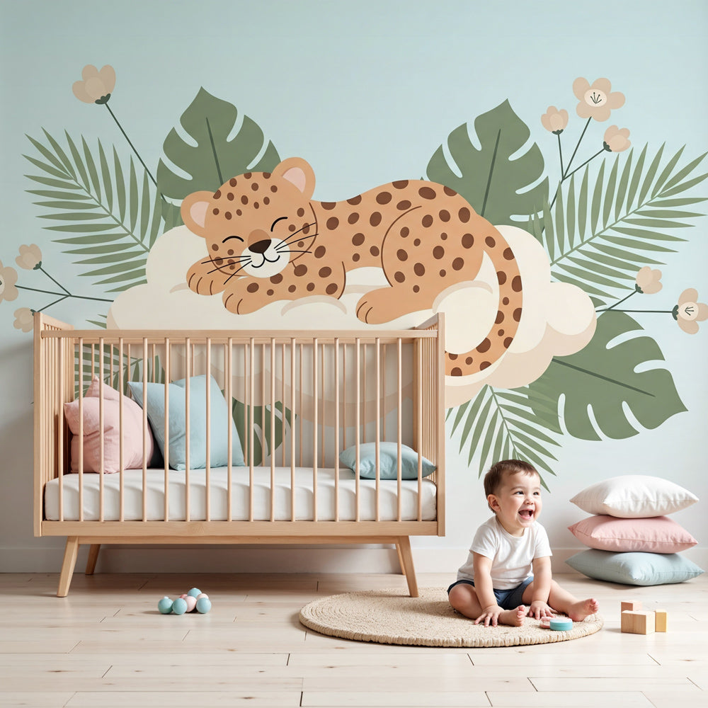 Sleeping leopard mural wallpaper creating peaceful safari nursery decor by Kids-Mundo