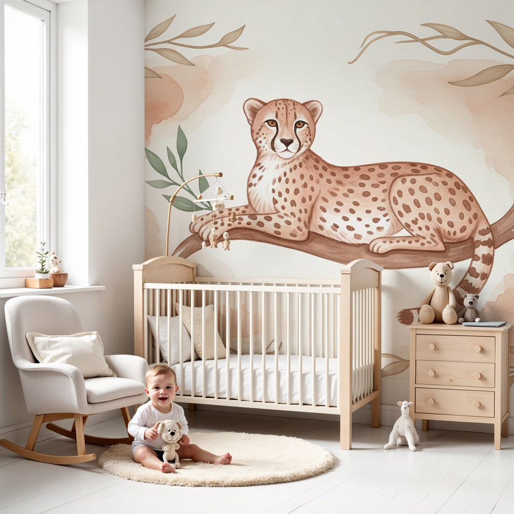Peaceful leopard mural wallpaper in modern nursery with natural wood crib by Kids-Mundo