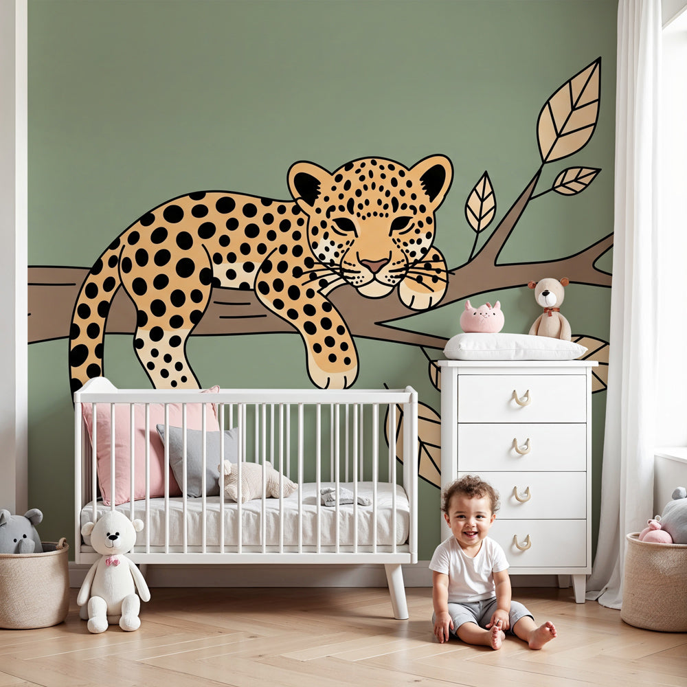 Peaceful leopard mural wallpaper in modern nursery with natural wood furniture by Kids-Mundo