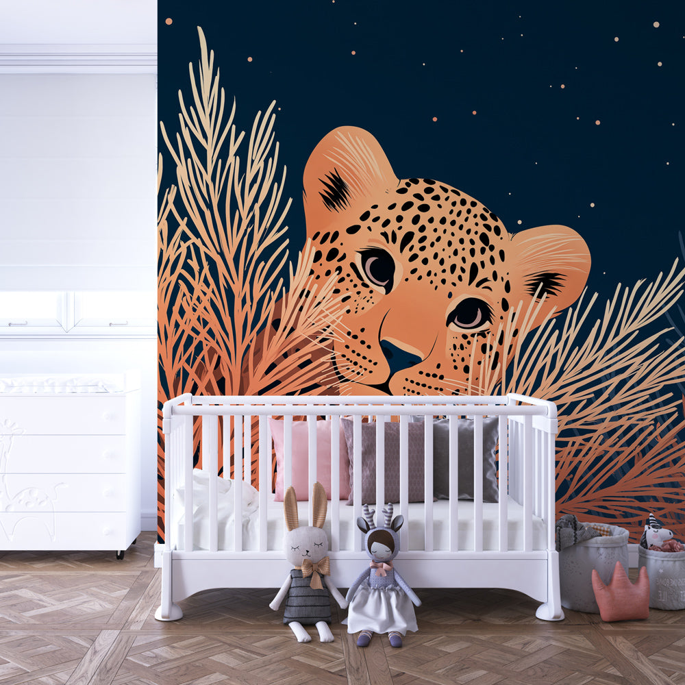Starry night leopard mural wallpaper transforming children's playroom into wild adventure
