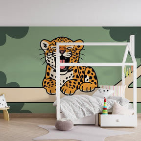 Playful leopard mural wallpaper transforming kids playroom with friendly jungle animal wall decor