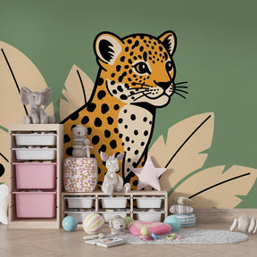 Leopard jungle mural wallpaper transforming children's playroom into tropical safari space