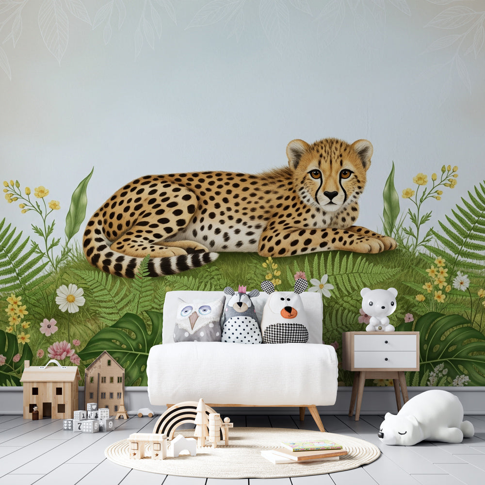 Jungle animal mural wallpaper transforming playroom into peaceful safari adventure