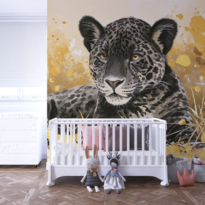 Safari-themed leopard mural wallpaper for kids playroom featuring warm golden earth tones