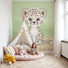 Playful leopard mural wallpaper creating safari adventure theme in modern kids nursery by Kids-Mundo
