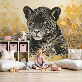 Leopard mural wallpaper creating adventurous safari nursery decor with golden savanna tones by Kids-Mundo