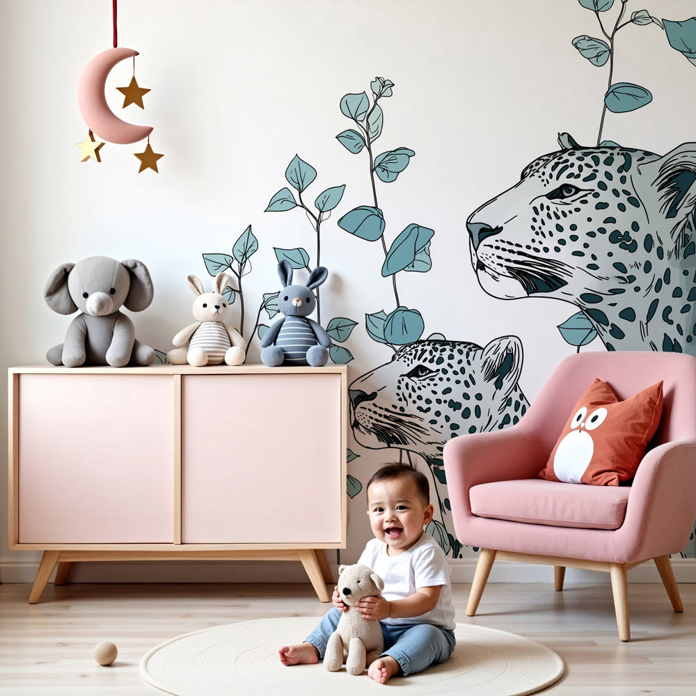 Majestic leopard mural wallpaper creating safari-themed nursery decor by Kids-Mundo