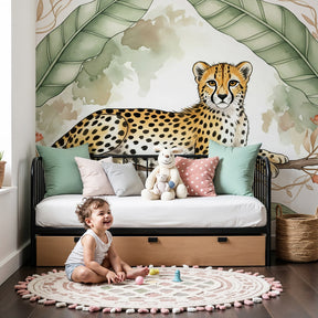 Peaceful leopard mural wallpaper creating calming safari nursery decor by Kids-Mundo