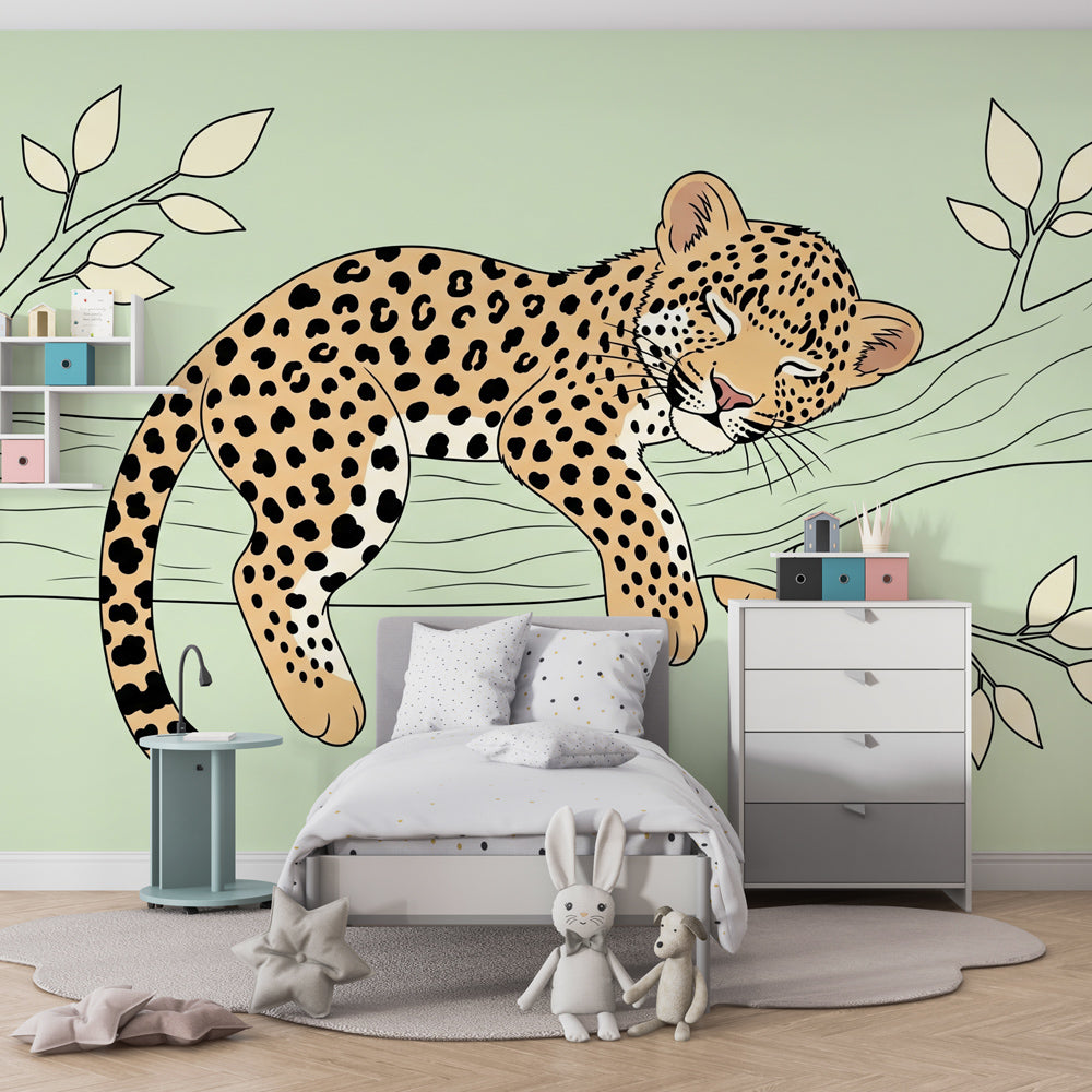 Safari leopard wallpaper for baby room with botanical branch design and soft earth tones