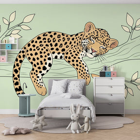 Safari leopard wallpaper for baby room with botanical branch design and soft earth tones