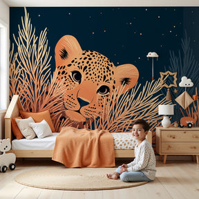 Leopard mural wallpaper in modern nursery with starry night safari theme by Kids-Mundo