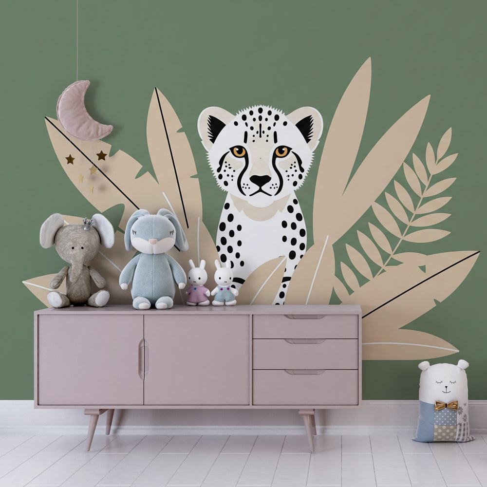 Safari leopard wallpaper creating peaceful jungle atmosphere in children's bedroom