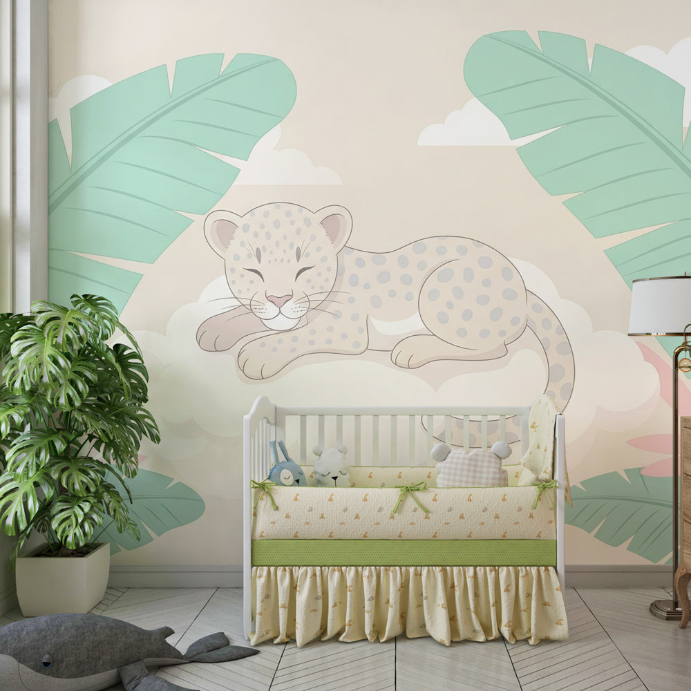 Tropical leopard mural wallpaper with gentle colors for calming kids room environment