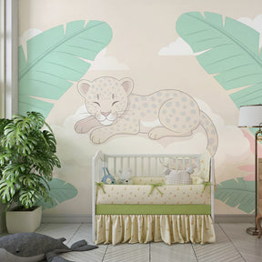 Tropical leopard mural wallpaper with gentle colors for calming kids room environment