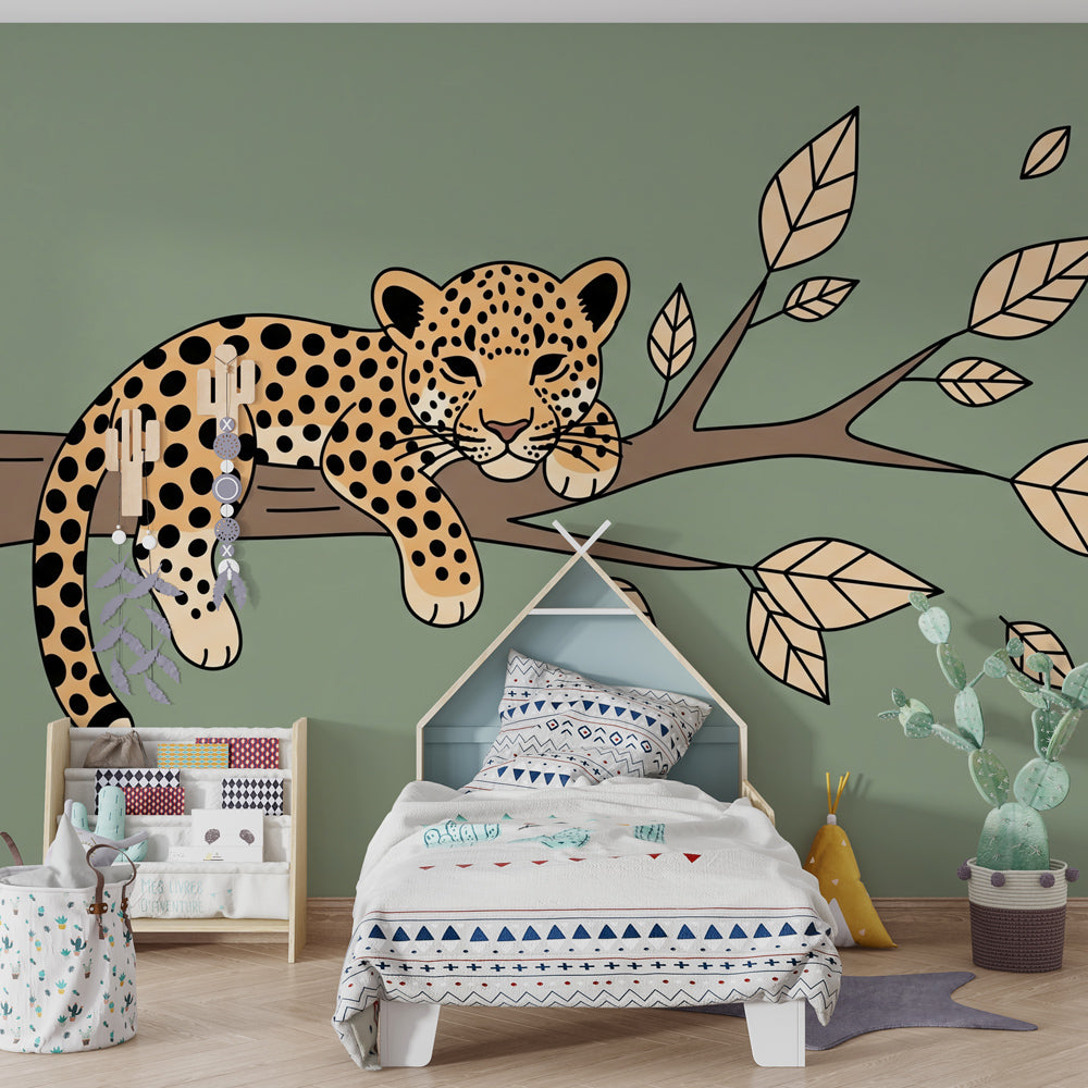 Animal themed nursery featuring gentle leopard mural wallpaper with green foliage design