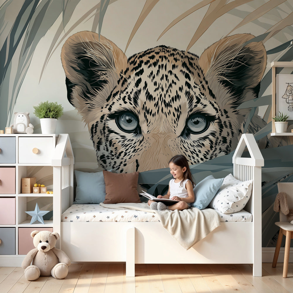 Kids-Mundo leopard wall mural peeking through palm leaves in a neutral nursery