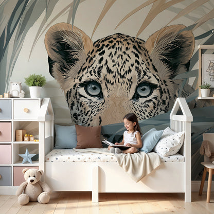Kids-Mundo leopard wall mural peeking through palm leaves in a neutral nursery