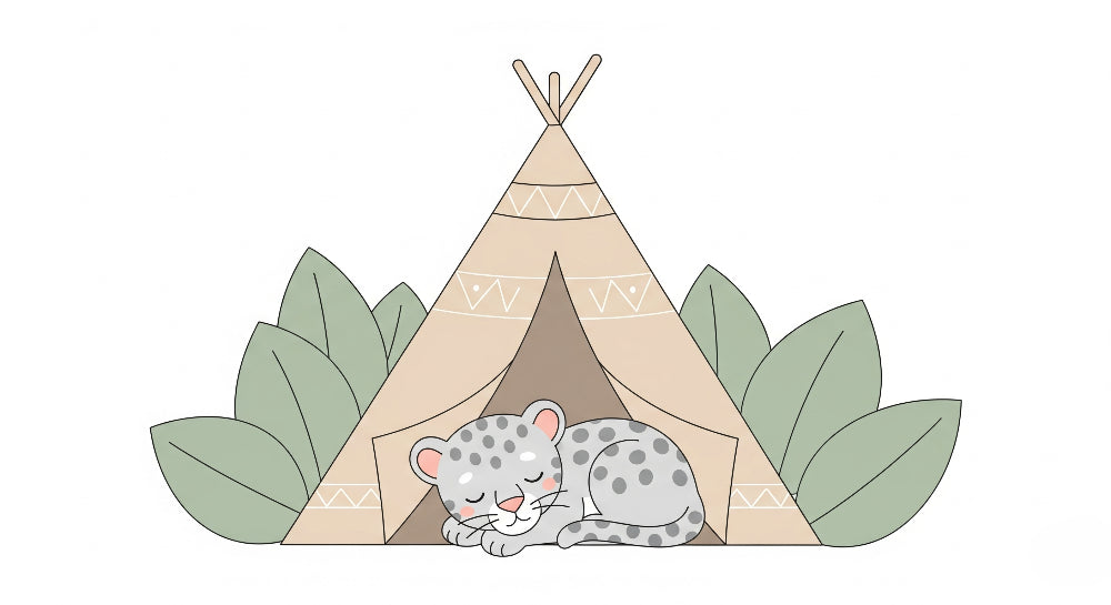Detailed leopard tipi mural wallpaper design pattern with sleeping safari animal and tropical leaves by Kids-Mundo