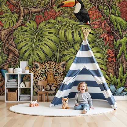Kids-Mundo leopard and toucan jungle wall mural shown in a calm nursery