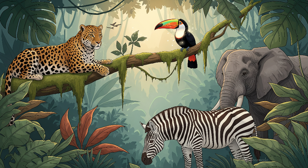 Kids-Mundo flat artwork of a jungle scene with leopard, toucan, elephant and zebra among leaves