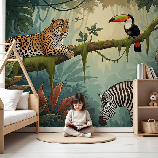 Kids-Mundo jungle wall mural with leopard and toucan in a bright, nature-themed nursery