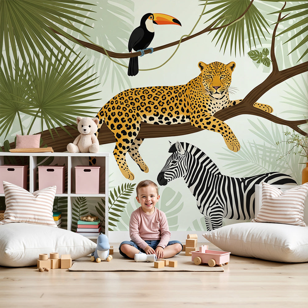 Kids-Mundo leopard, toucan and zebra jungle wall mural styled in a nursery with cot and rug.