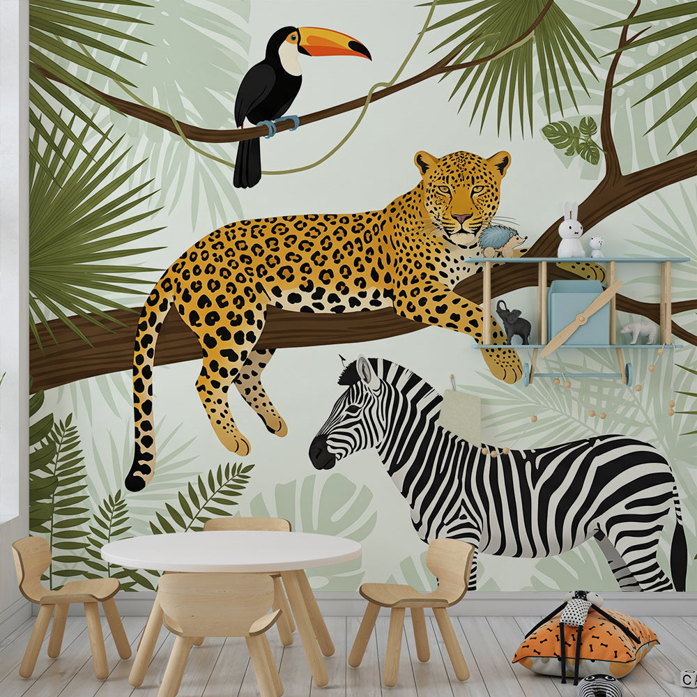 Kids-Mundo leopard, toucan and zebra mural brightening a playroom with cushions and toys.