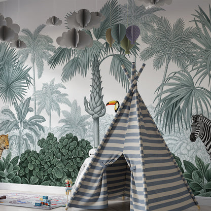 Kids-Mundo jungle wall mural with leopard, toucan and zebra behind a bed in a bedroom