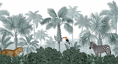 Flat artwork of the Kids-Mundo leopard, toucan and zebra jungle wall mural in sage tones