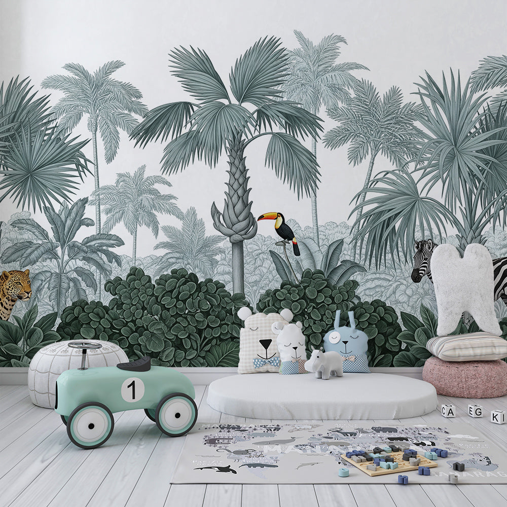 Kids-Mundo leopard, toucan and zebra mural covering a playroom wall with floor cushions