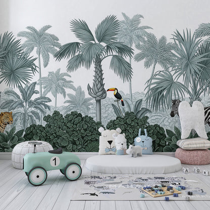 Kids-Mundo leopard, toucan and zebra mural covering a playroom wall with floor cushions