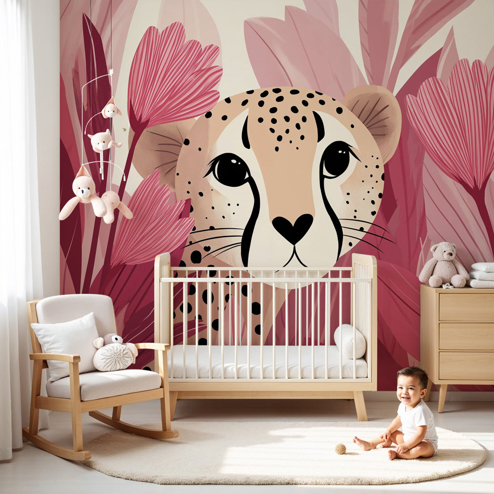 Pink leopard tropical mural wallpaper in modern nursery with natural wood furniture by Kids-Mundo