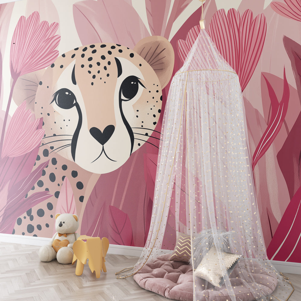 Tropical animal mural wallpaper with leopard and flowers decorating kids playroom space