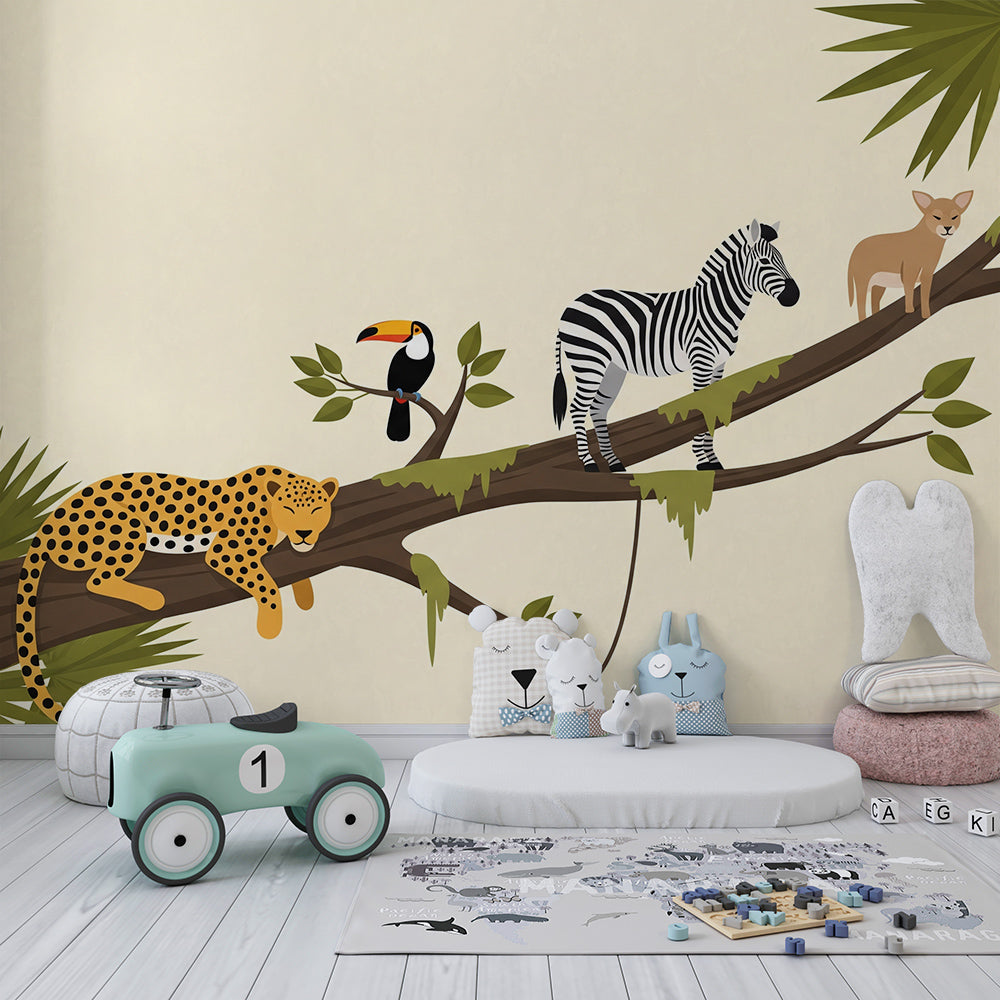 Kids-Mundo jungle branch wall mural with leopard and zebra brightening a modern kids bedroom.