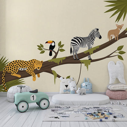 Kids-Mundo jungle branch wall mural with leopard and zebra brightening a modern kids bedroom.