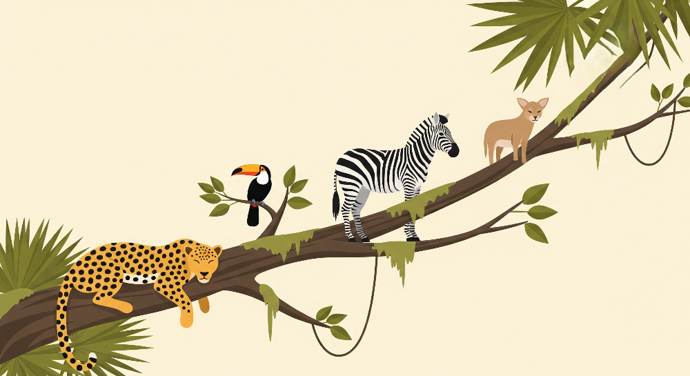 Kids-Mundo flat-artwork design of a leopard, zebra, fawn and toucan resting on a mossy jungle branch.