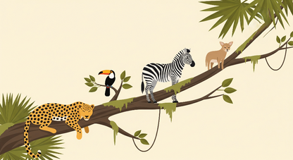 Kids-Mundo flat-artwork design of a leopard, zebra, fawn and toucan resting on a mossy jungle branch.