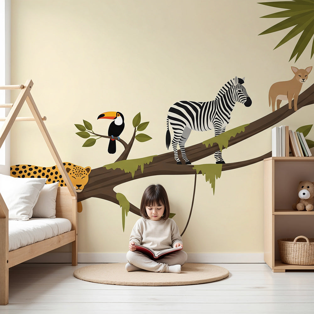 Kids-Mundo leopard and toucan jungle branch wall mural styled in a soft neutral nursery.