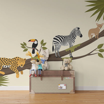 Kids-Mundo leopard, zebra and toucan mural covering a playroom wall for imaginative animal play.