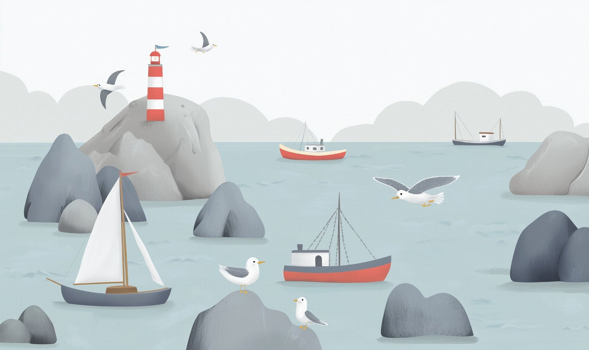 Kids-Mundo flat artwork of the lighthouse and sailing boats coastal wall mural design