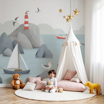 Kids-Mundo lighthouse and sailboat wall mural styled in a soft coastal nursery