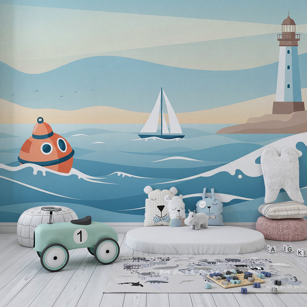 Kids-Mundo lighthouse and submarine wall mural featured in a playful children's bedroom