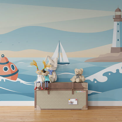 Nautical wall mural from Kids-Mundo brightening a seaside-themed children's playroom