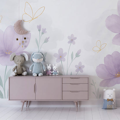 Lilac watercolour flower wall mural by Kids-Mundo on a kids bedroom wall