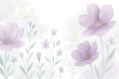 Flat artwork of the Kids-Mundo lilac watercolour floral wall mural with gold butterflies