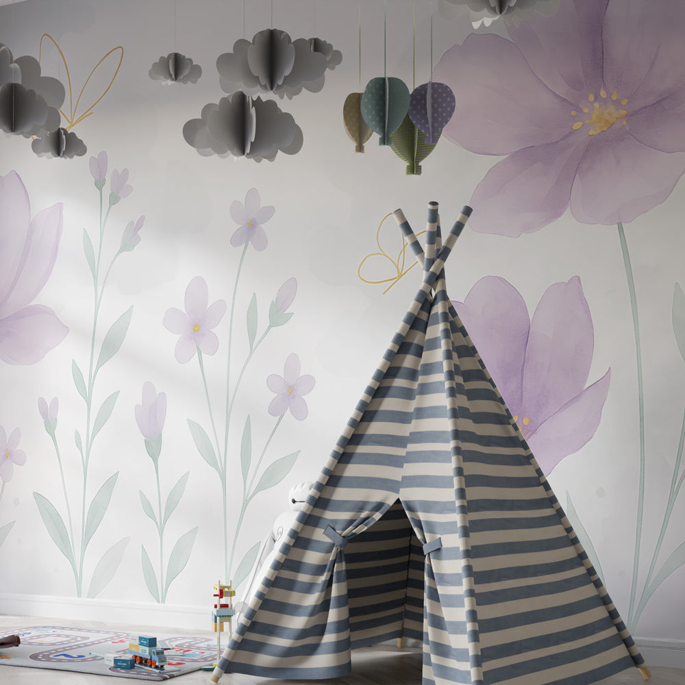 Kids-Mundo floral butterfly wall mural styled in a bright playroom reading corner
