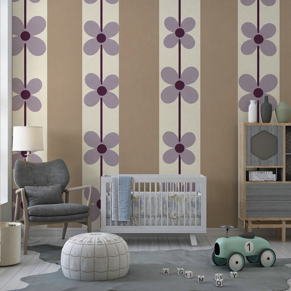 Kids-Mundo lilac floral stripe wall mural on a wall in a shared children's playroom