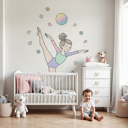 Kids-Mundo line art ballerina wall mural styled in a soft, calm nursery room