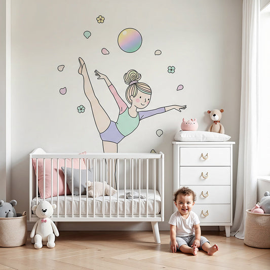 Kids-Mundo line art ballerina wall mural styled in a soft, calm nursery room