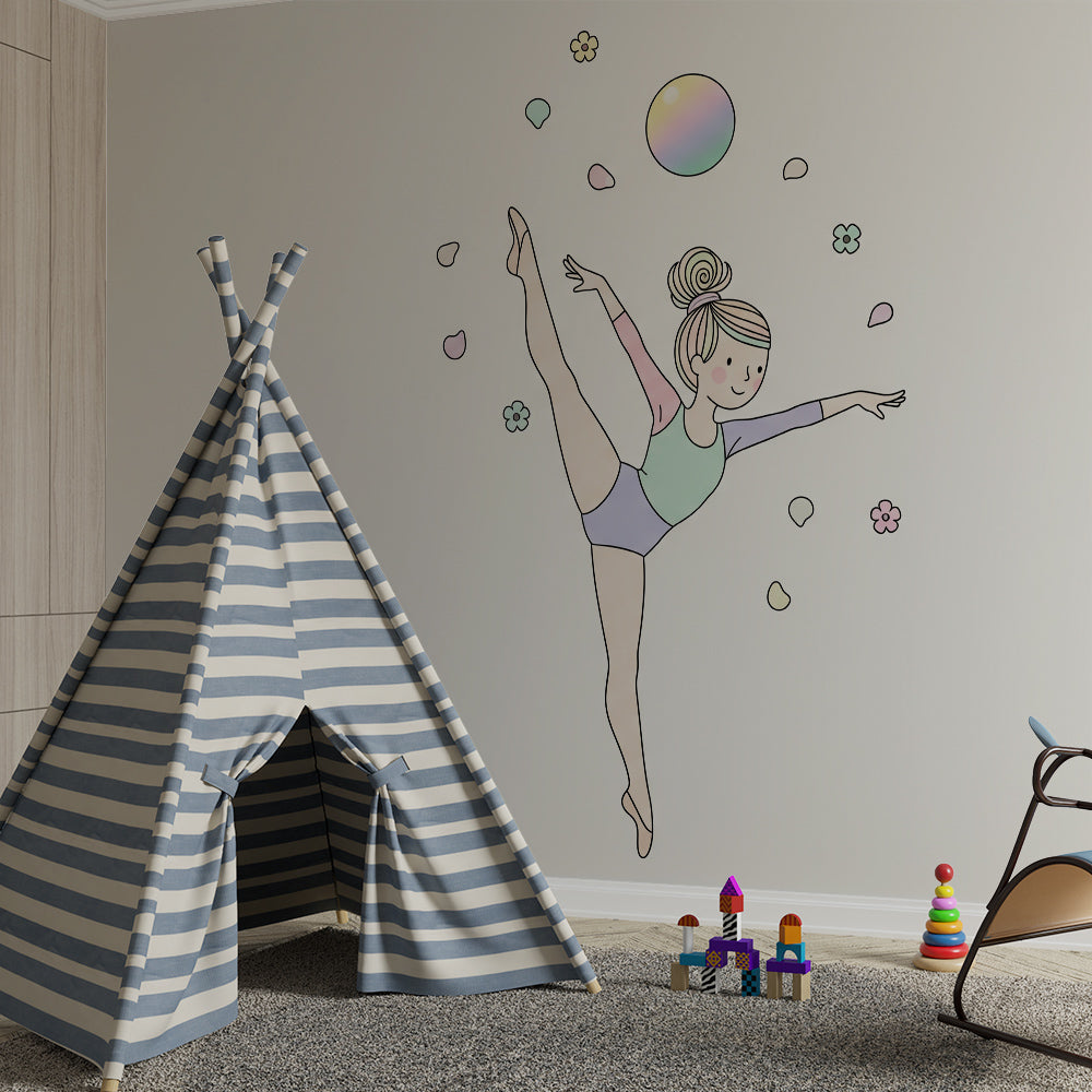 Kids-Mundo pastel ballerina wall mural brightening a gentle children's playroom space